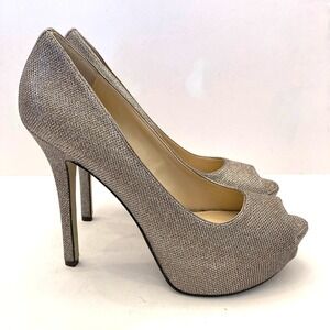 Enzo Angiolini Peep Toe Platform Heels Eatanen Champagne Gold Sparkle Women 10M